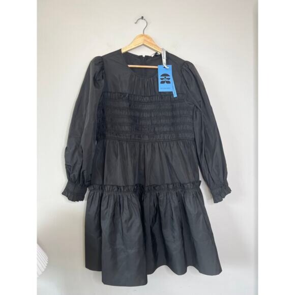 NWT Hunter Bell Arley Smocked Full Skirt Ruffle Puffed-Sleeve Black Mini Dress - Picture 2 of 8